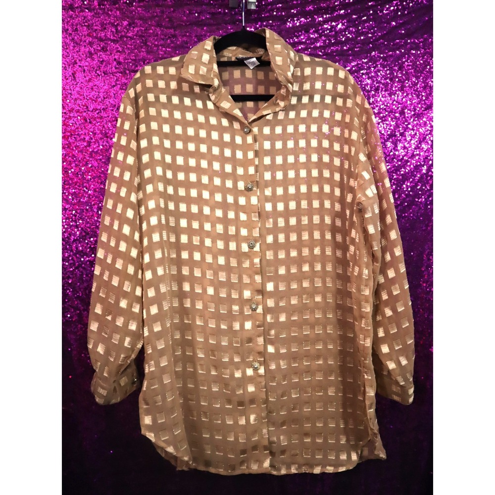 Gold Button Down Shirt Large Notations Women Sheer Metallic Geometric Square